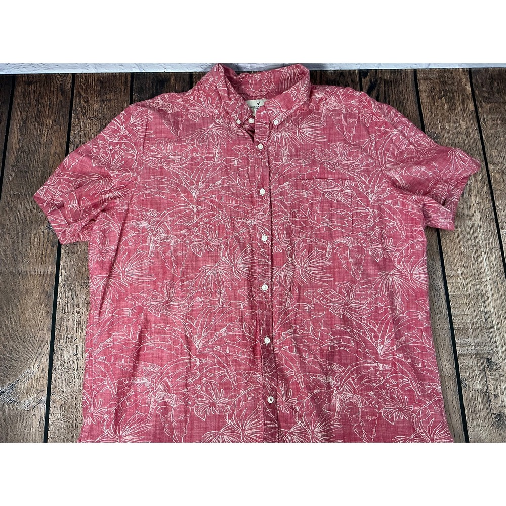 American Eagle Outfitters Men's XXXL Hawaiian Button Down Shirt Red White Palm